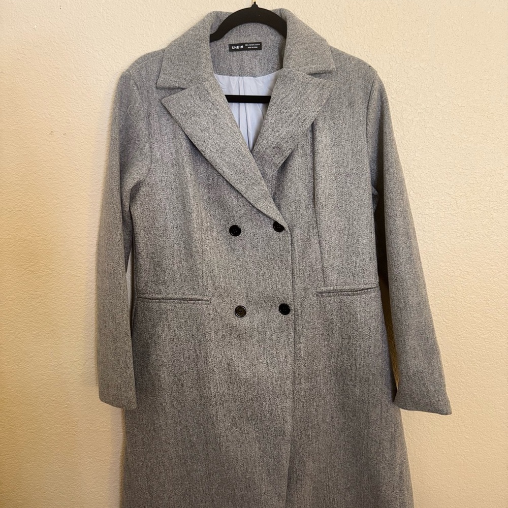 SHEIN Gray Trench Coat Double-Breasted Wool